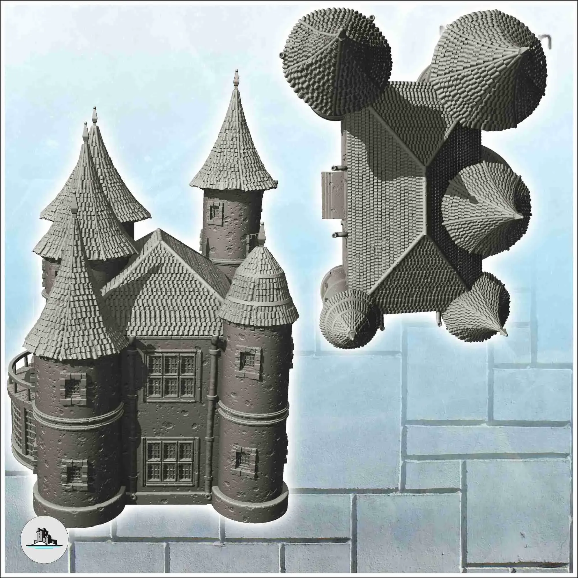 Large modern castle with double towers and entrance stairs (