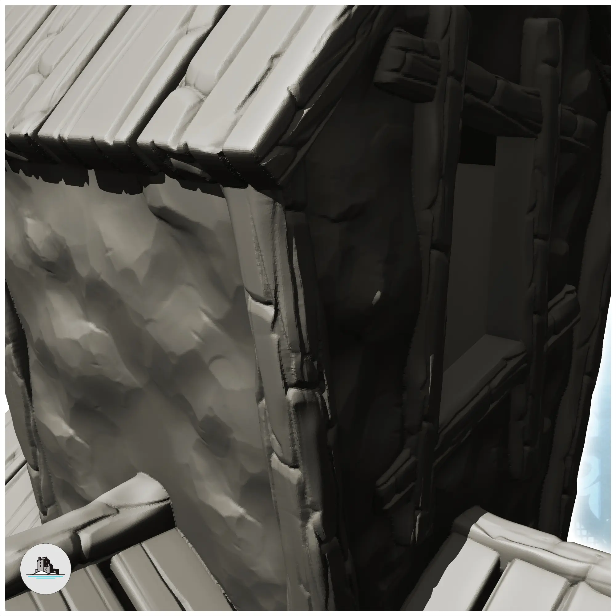 Medieval house with wooden roof and central tower with windo
