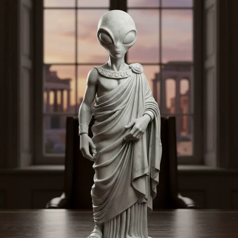 statue of an alien in a toga and Greek style