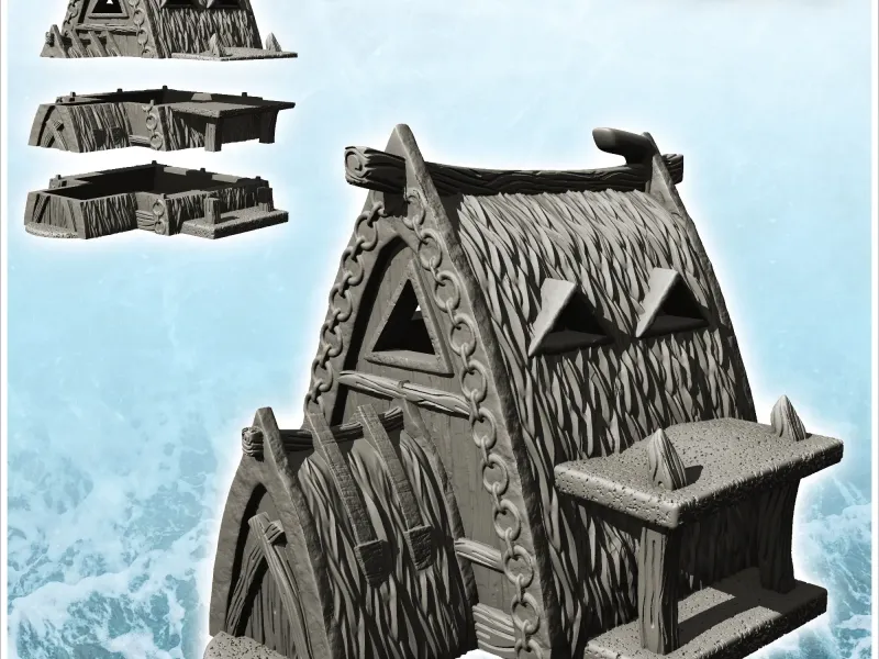 Thatched Viking house with canopy and motifs (25) - miniatur