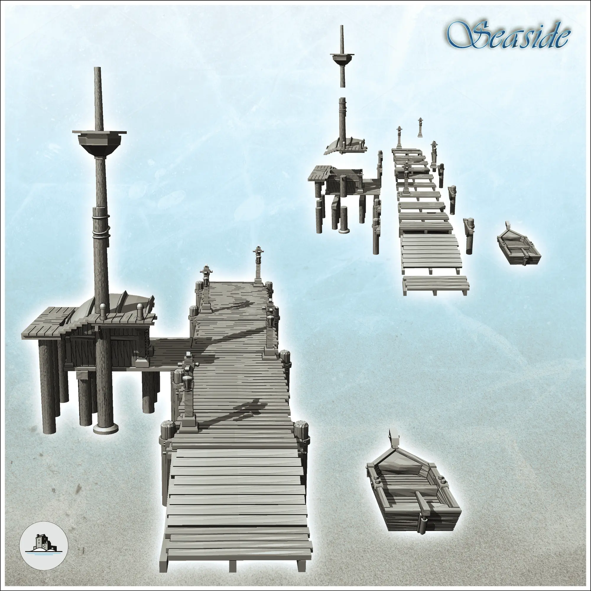 Modular set of medieval wooden pontoons with mast and boat (