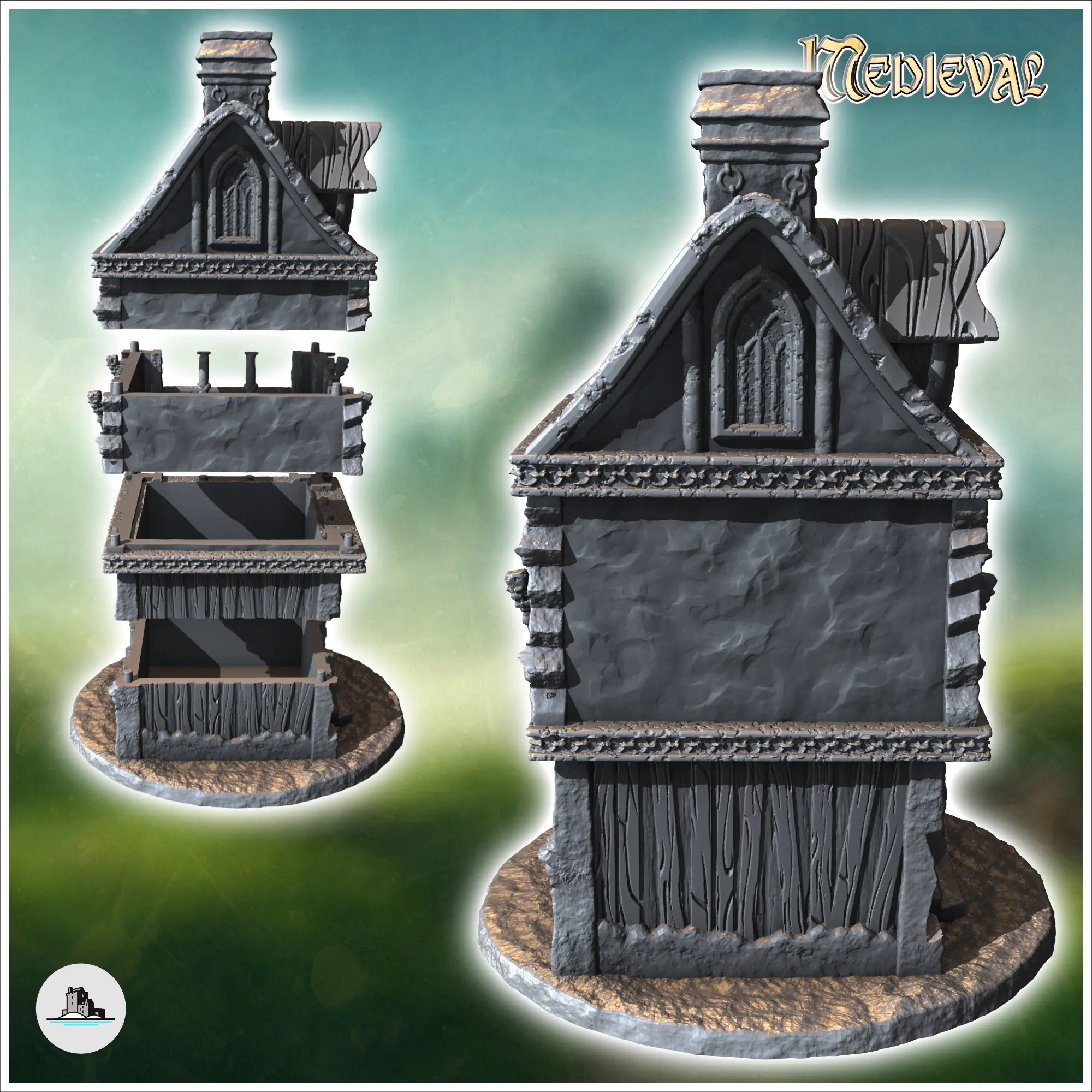 Casa medieval con dos plantas, chimenea y grandes ventanales