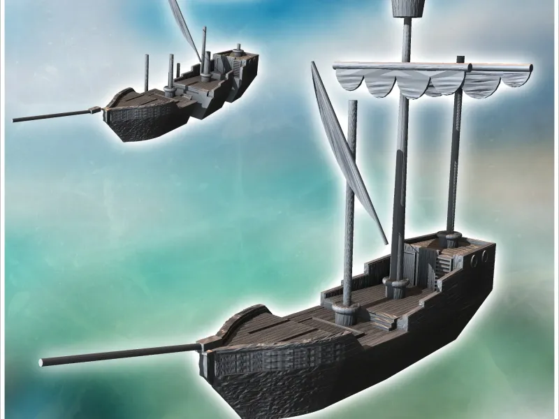 Barco medieval com vela dobrada e mastro de observação (4)