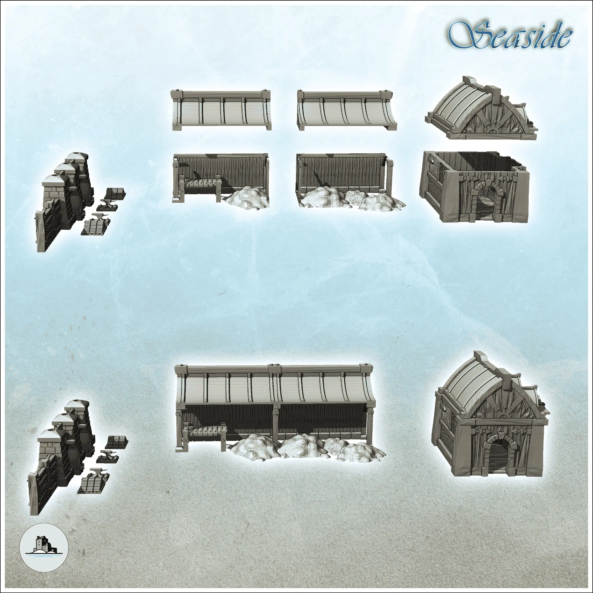 Juego de forja medieval con hornos, cobertizo de mineral y edificio (21) -