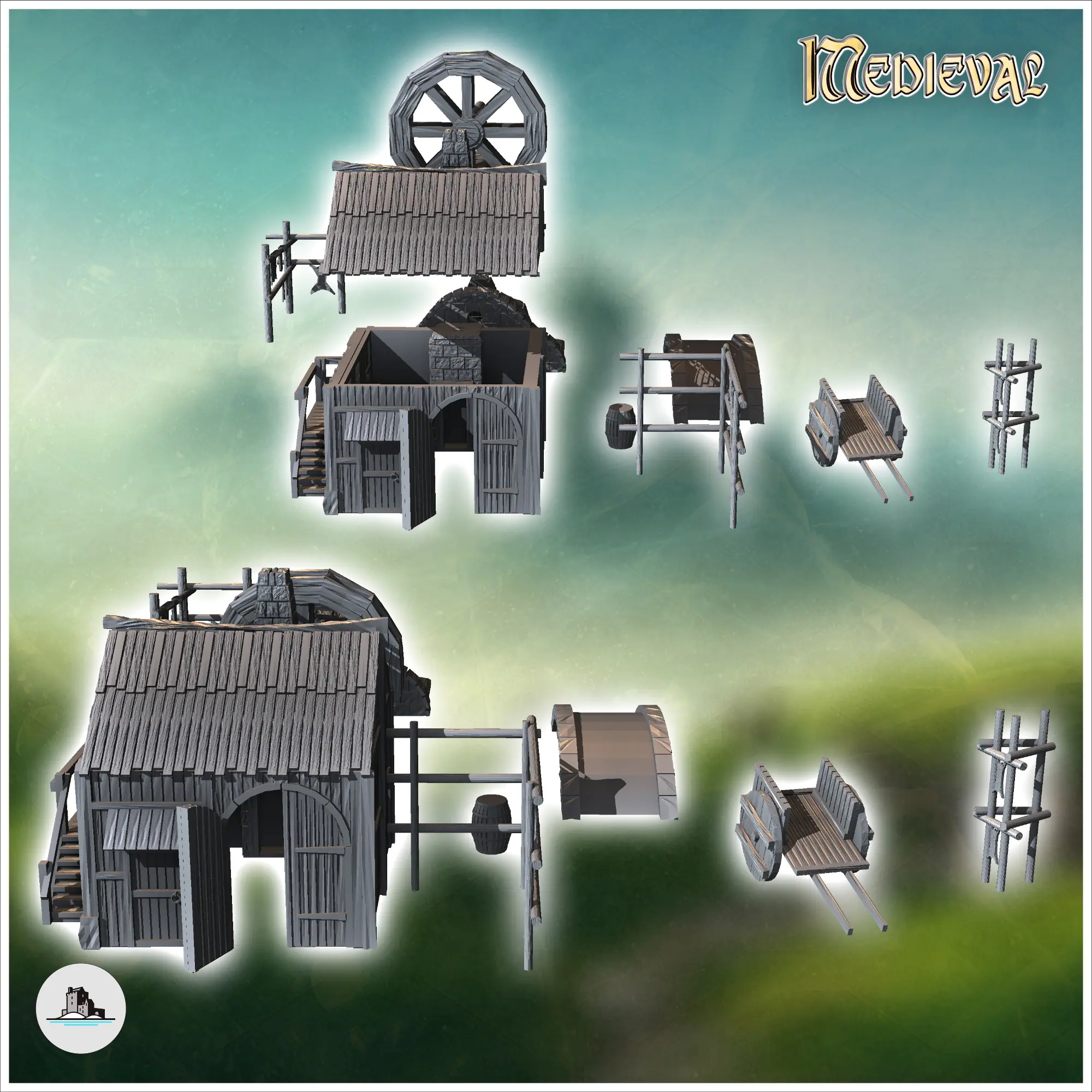 Medieval house set with bridge, water mill and skin drying r