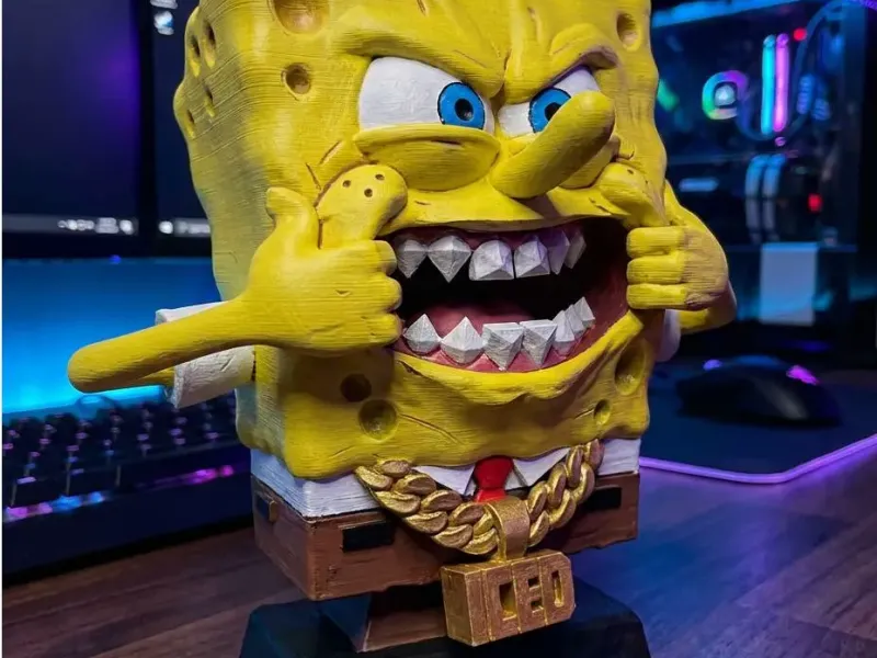 Gangster SpongeBob Büstü | Pırlanta Kaplama Heykel | Komik Sokak Modası
