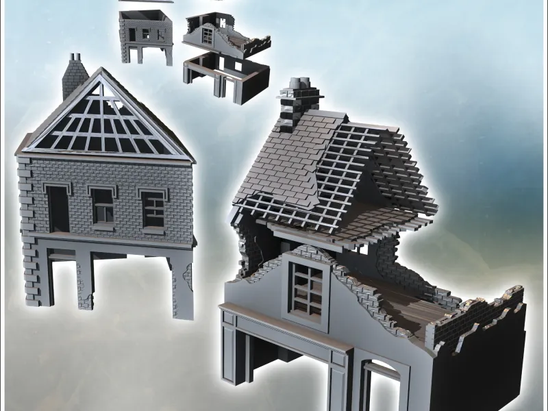 Set of two modern ruined houses with exposed framework and g