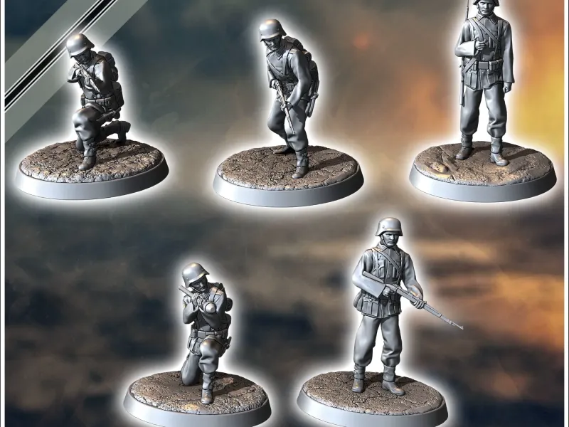Set of five German WW2 infantry troops (with MP40, Panzerfau