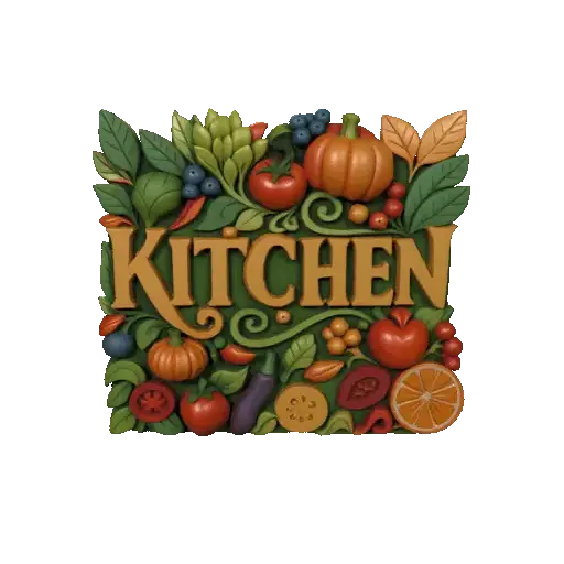 "Kitchen" Sign with Sculpted Fruits and Vegetables