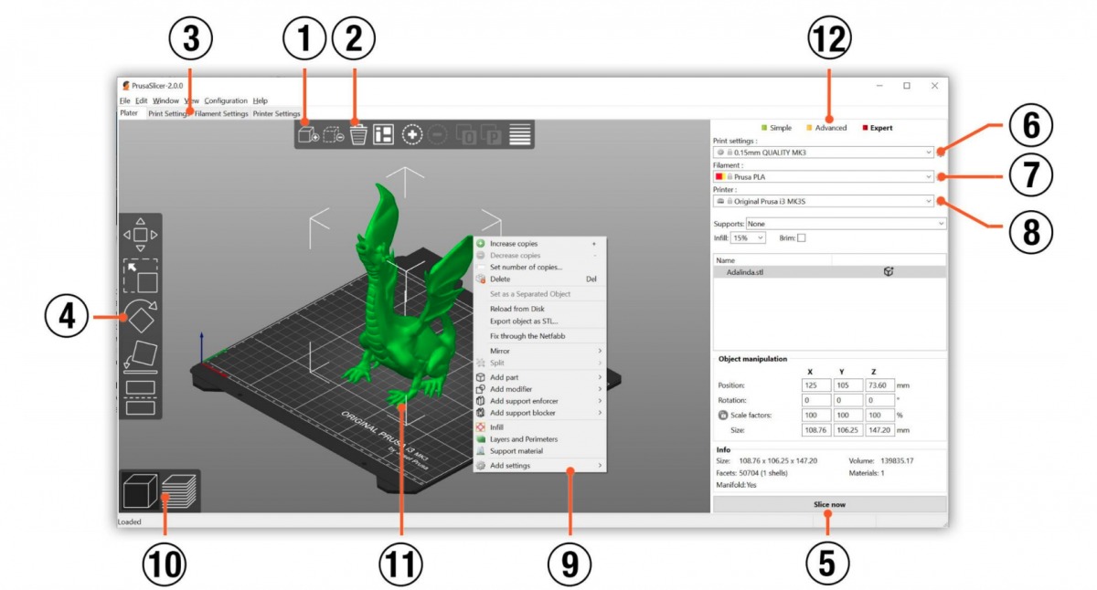 PrusaSlicer or Cura interface showing sliced 3D model layers ready for printing