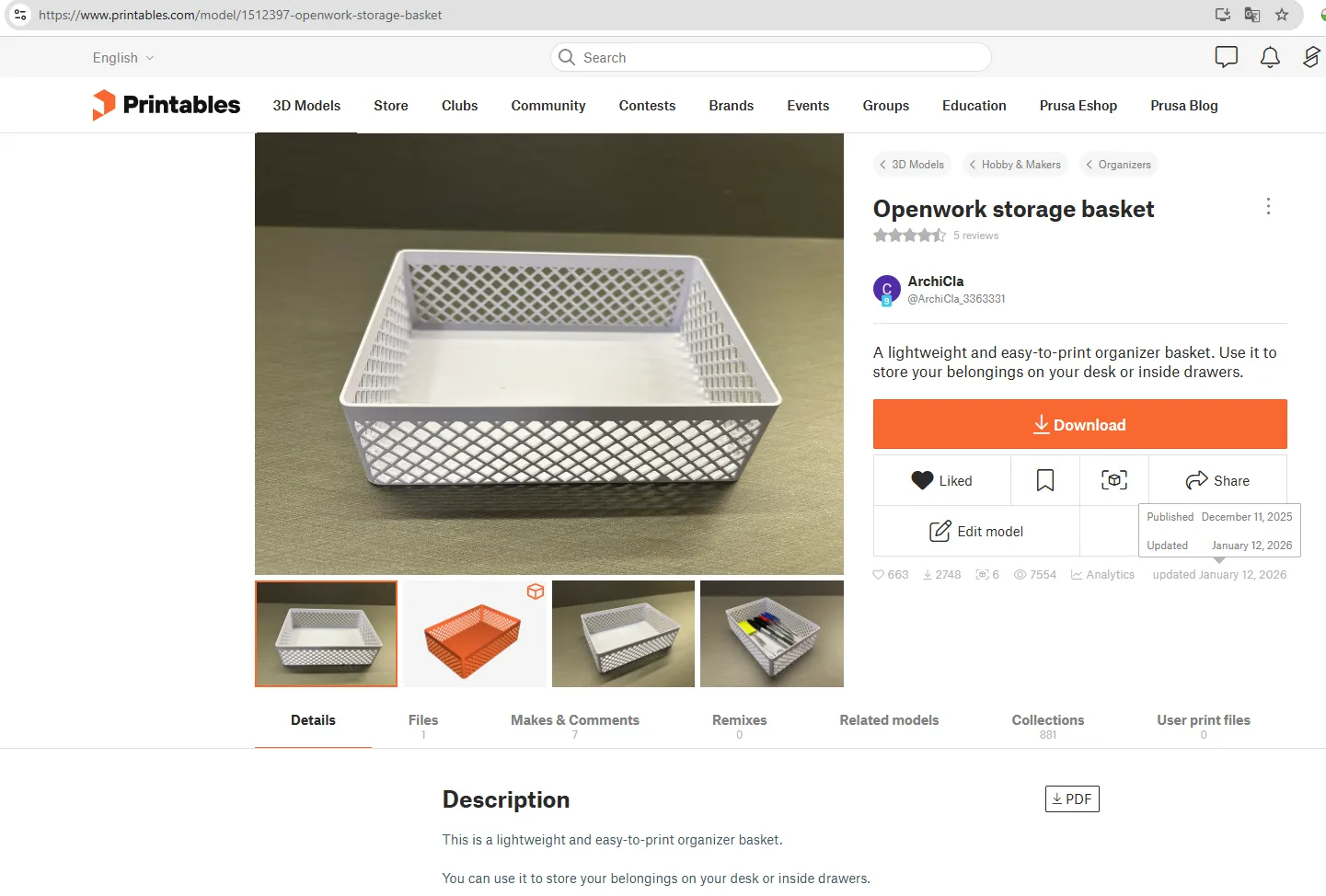 Openwork storage basket