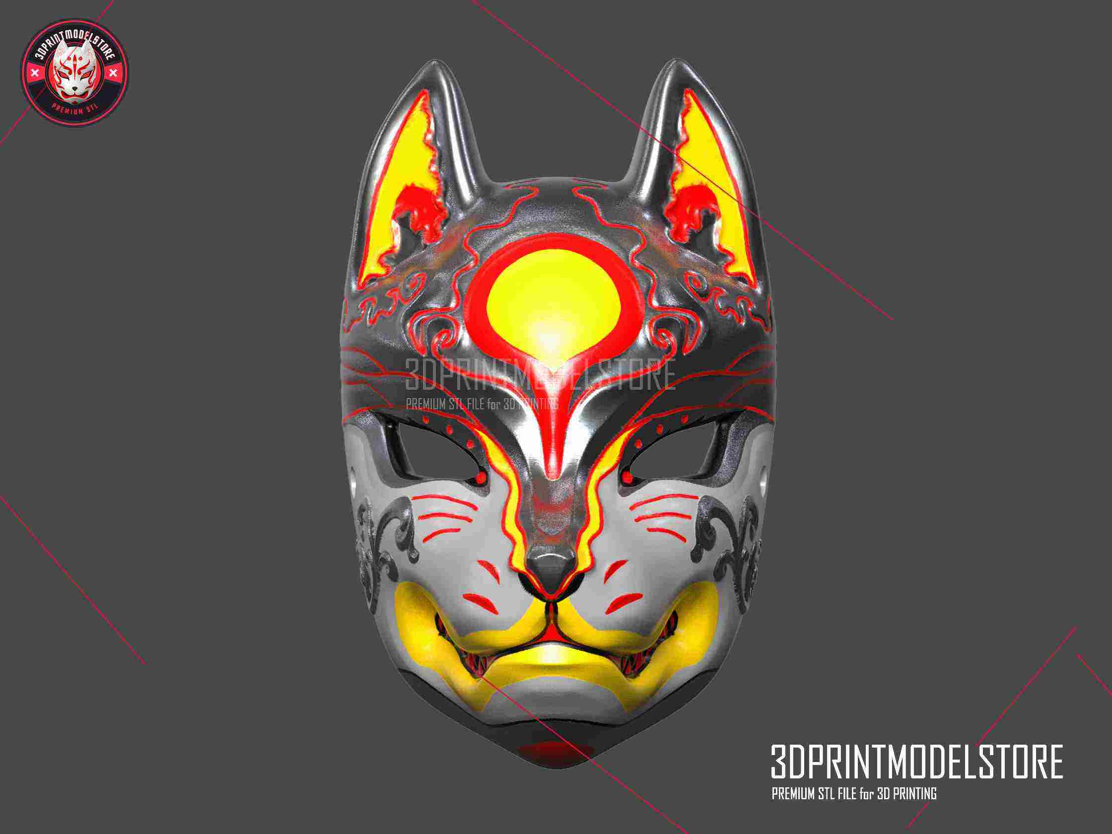 Japanese Kitsune Fox Mask - Samurai Oni Mask - Halloween STL 3D