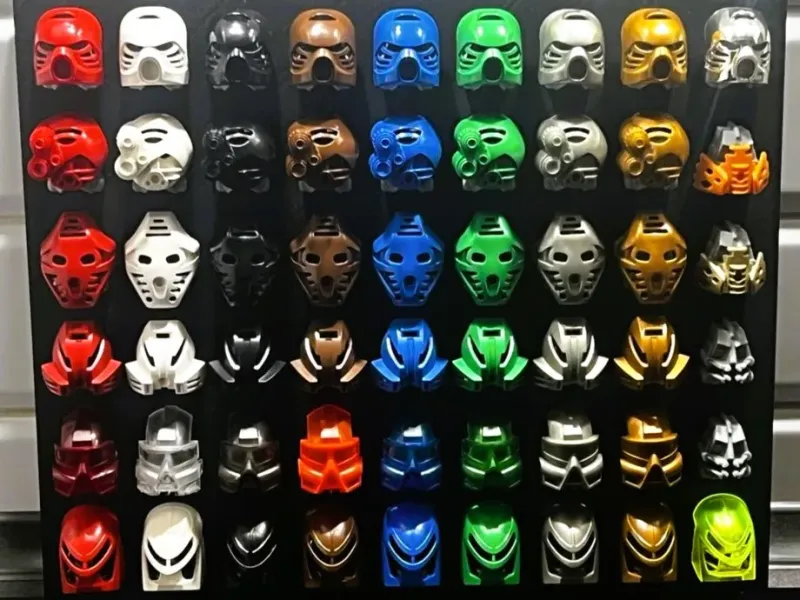 Bionicle Kanohi and Krana mask exhibition boards