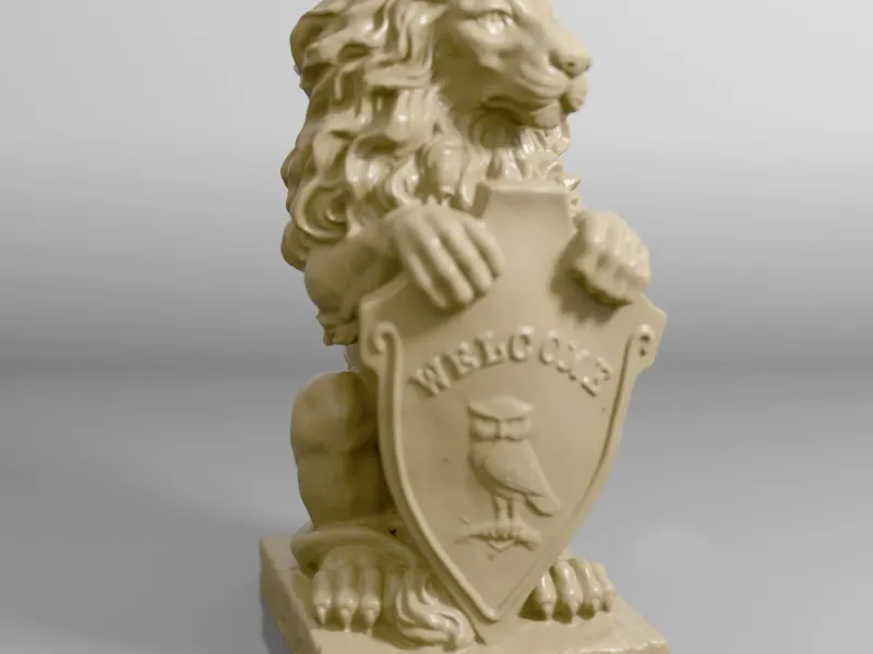 Lion Sculpture with "Welcome" Sign: Regal and Inviting