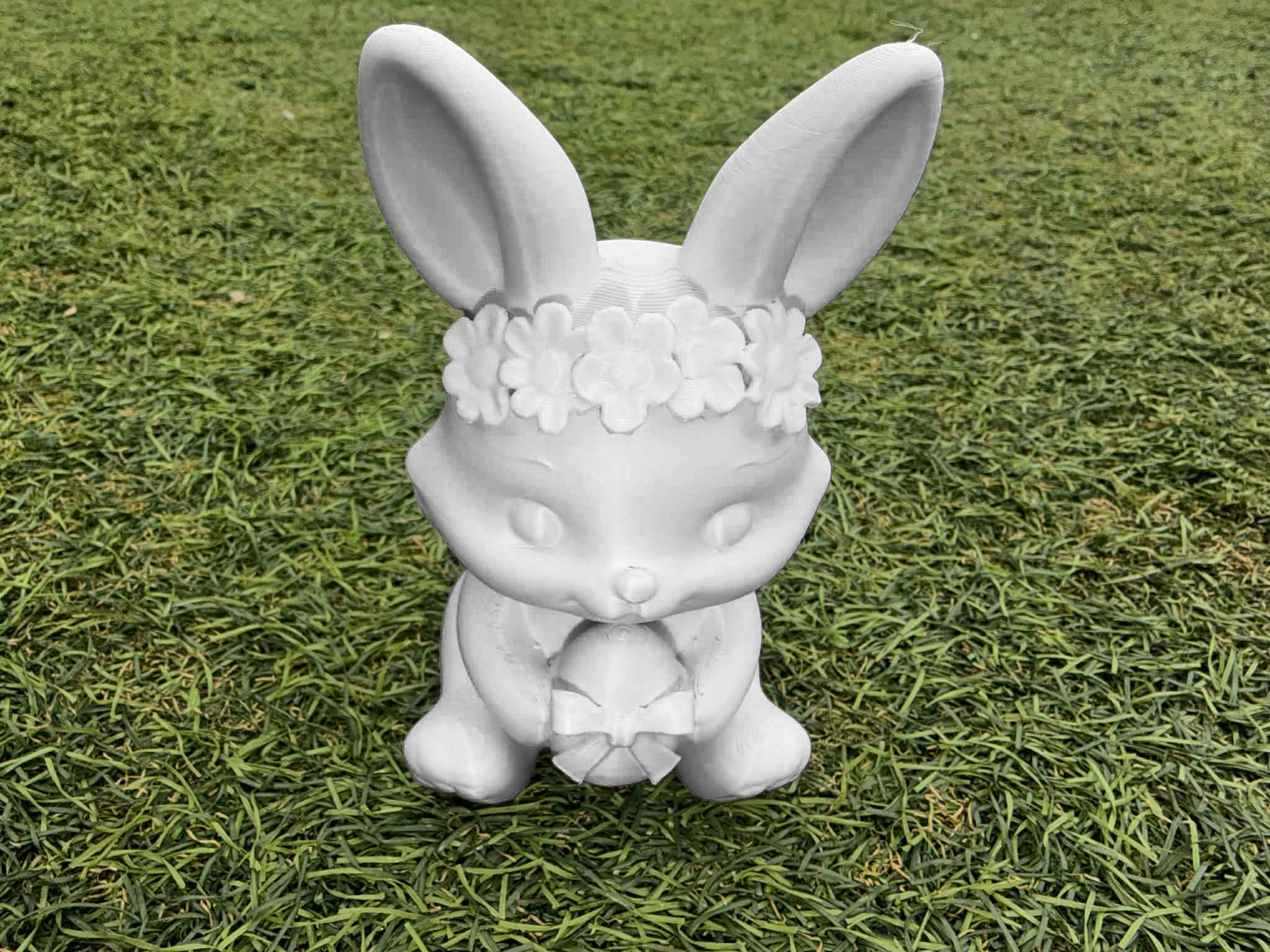 Flower-Crown Bunny Holding Bow-Tied Egg Spring Figurine