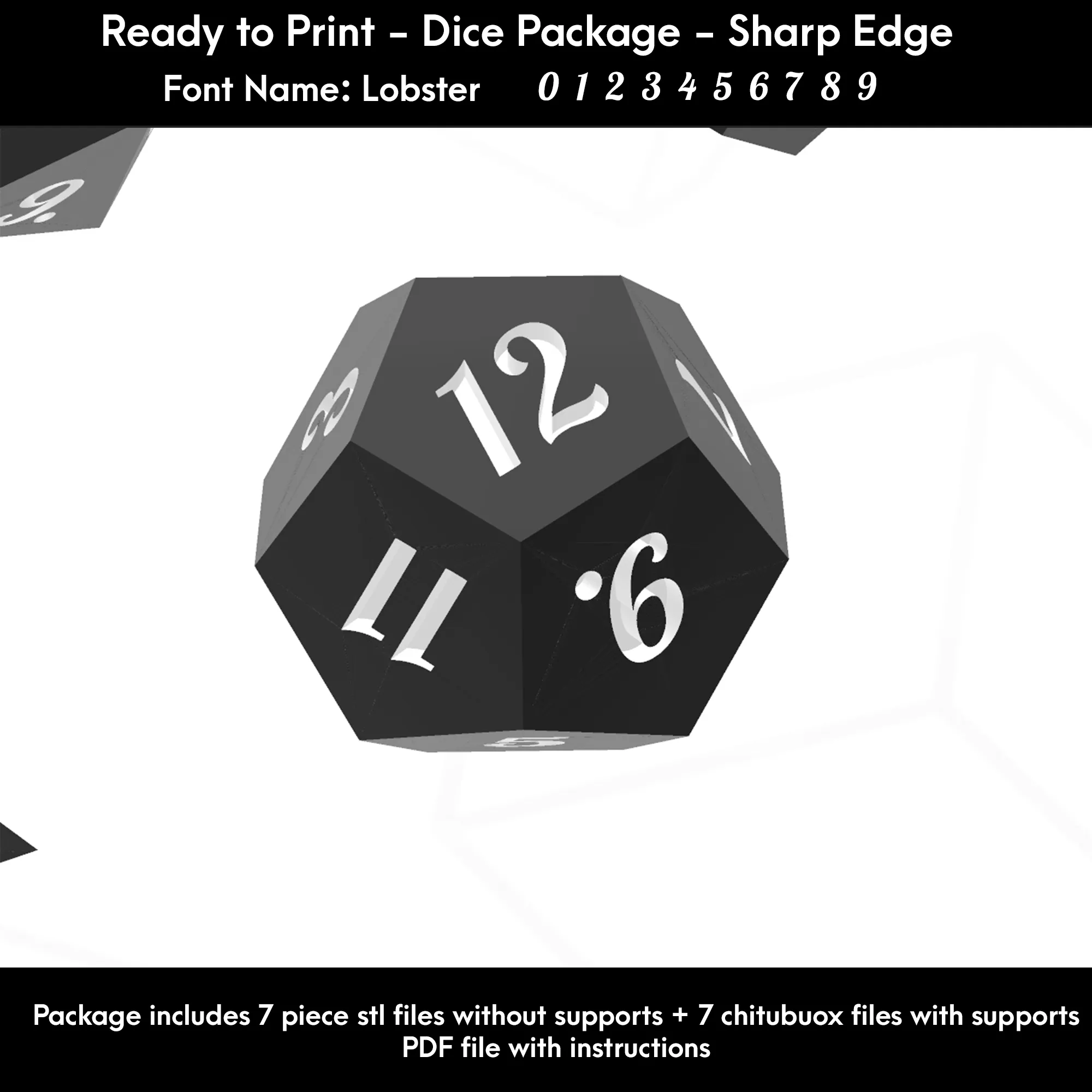 Dice Set – Ready to Print - 7 Piece Set – Lobster font
