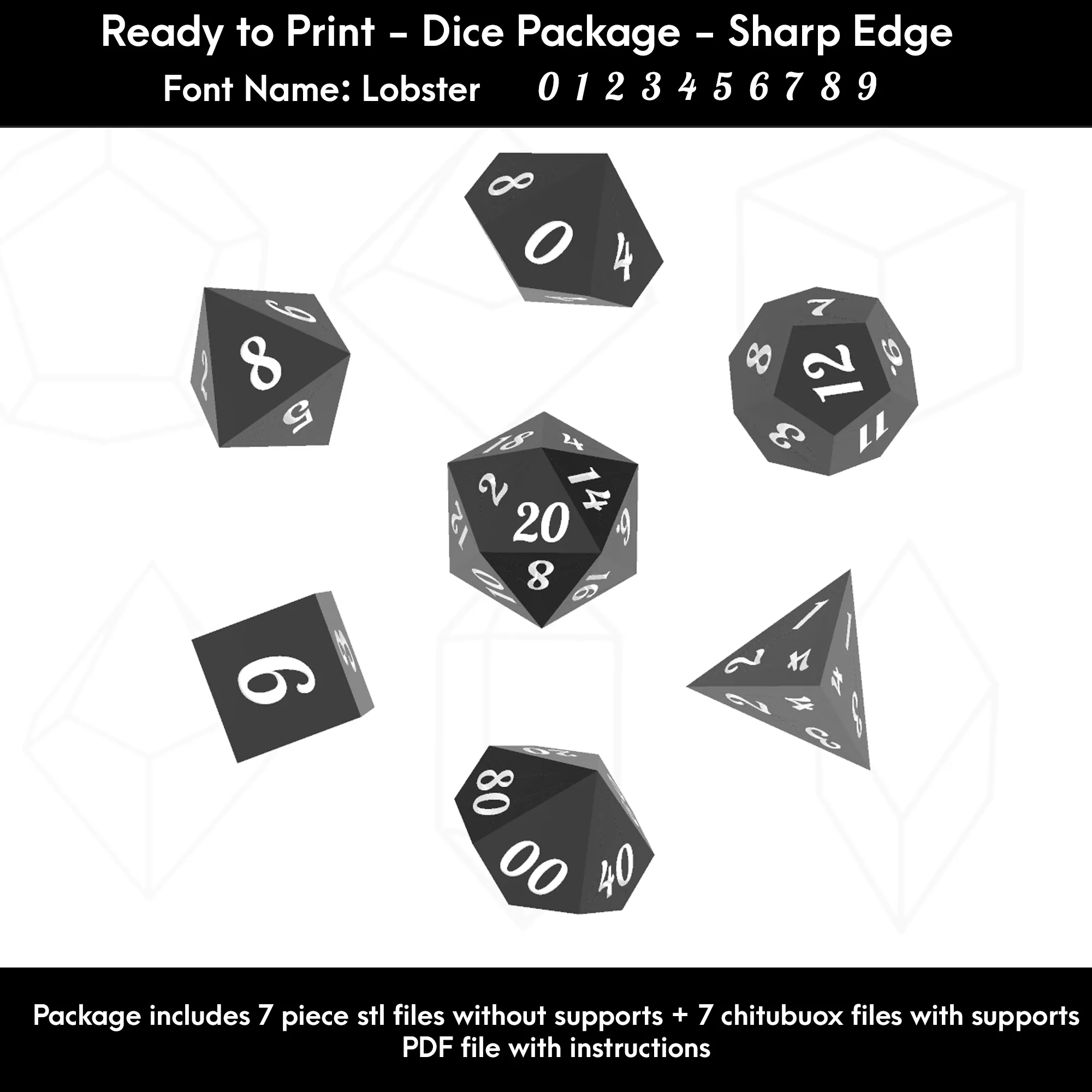 Dice Set – Ready to Print - 7 Piece Set – Lobster font