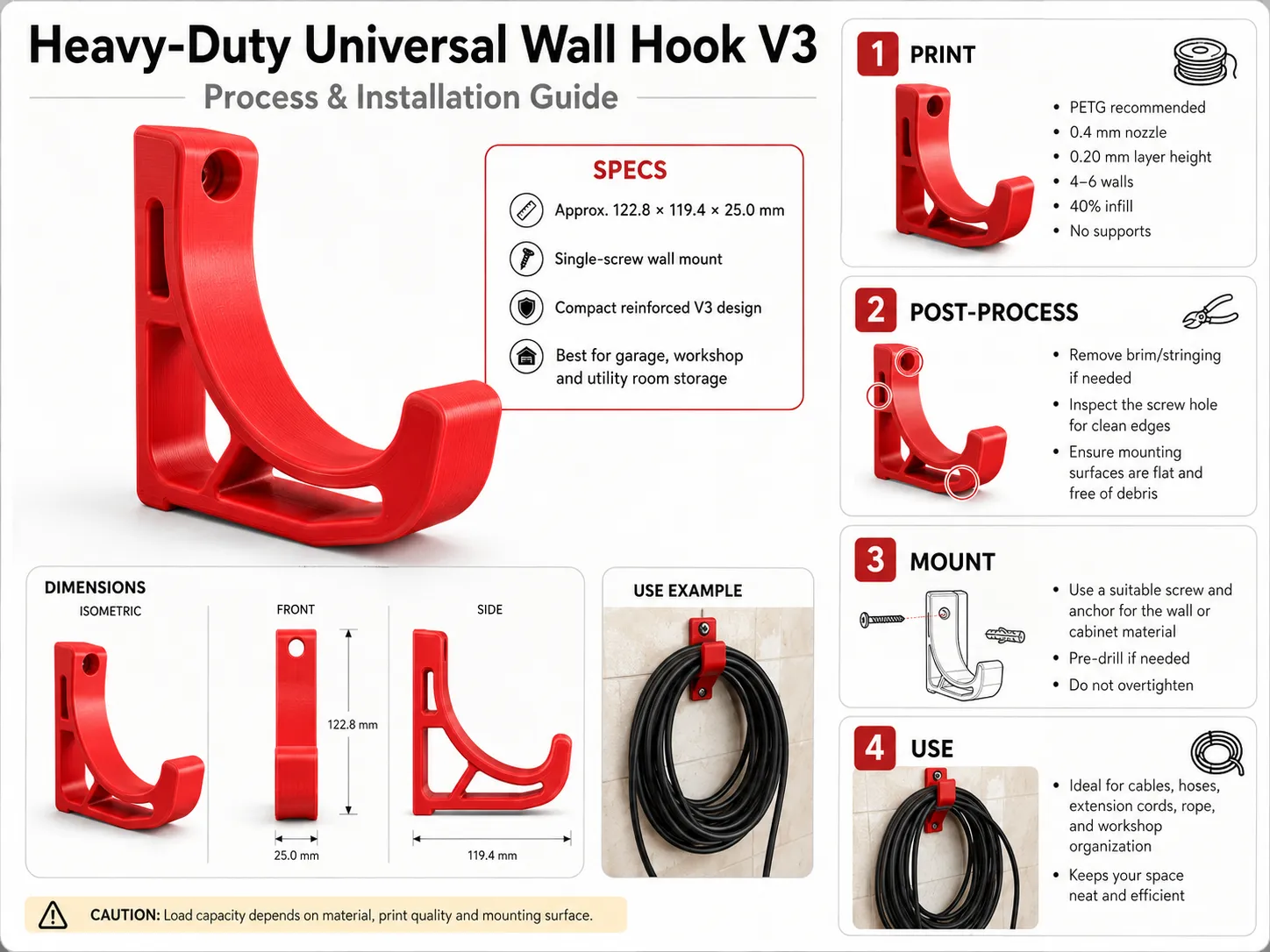 Garage Wall Hook (V3) for Cables, Hoses & Extension Cords | 3D