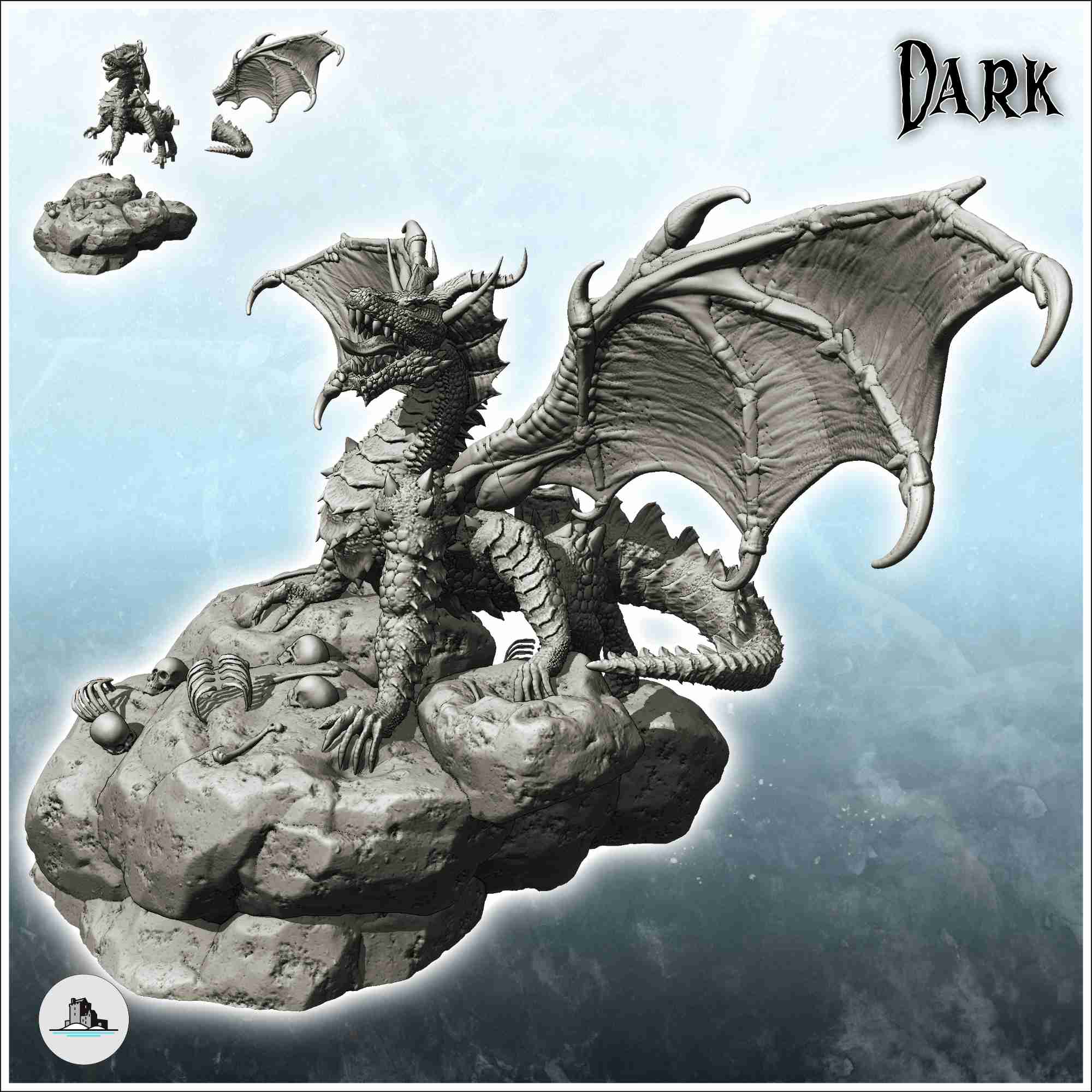 Dragon on rock with open mouth and human bones on the ground | 3D модели  скачать | Creality Cloud