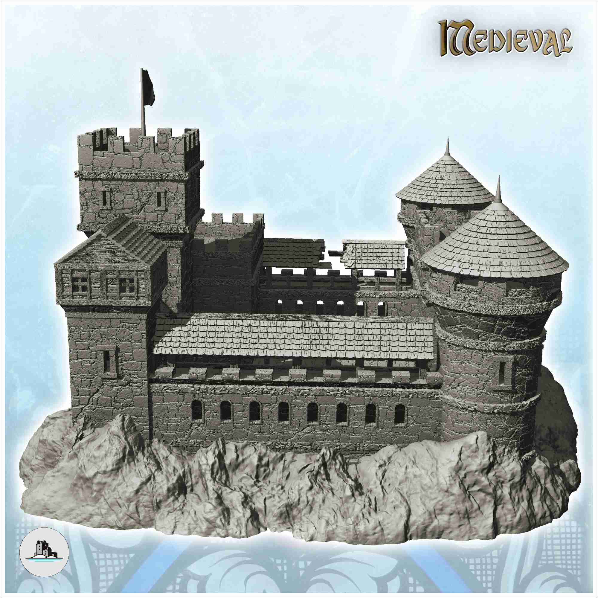 Large damaged castle with double towers and keep with flag ( | 3D ...