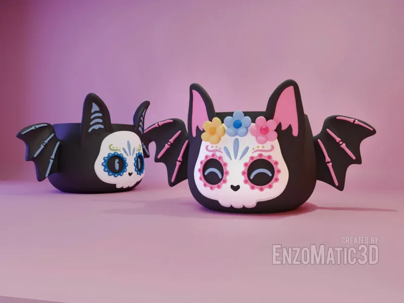 bat planter with catrina mask pencil holder STL 3MF