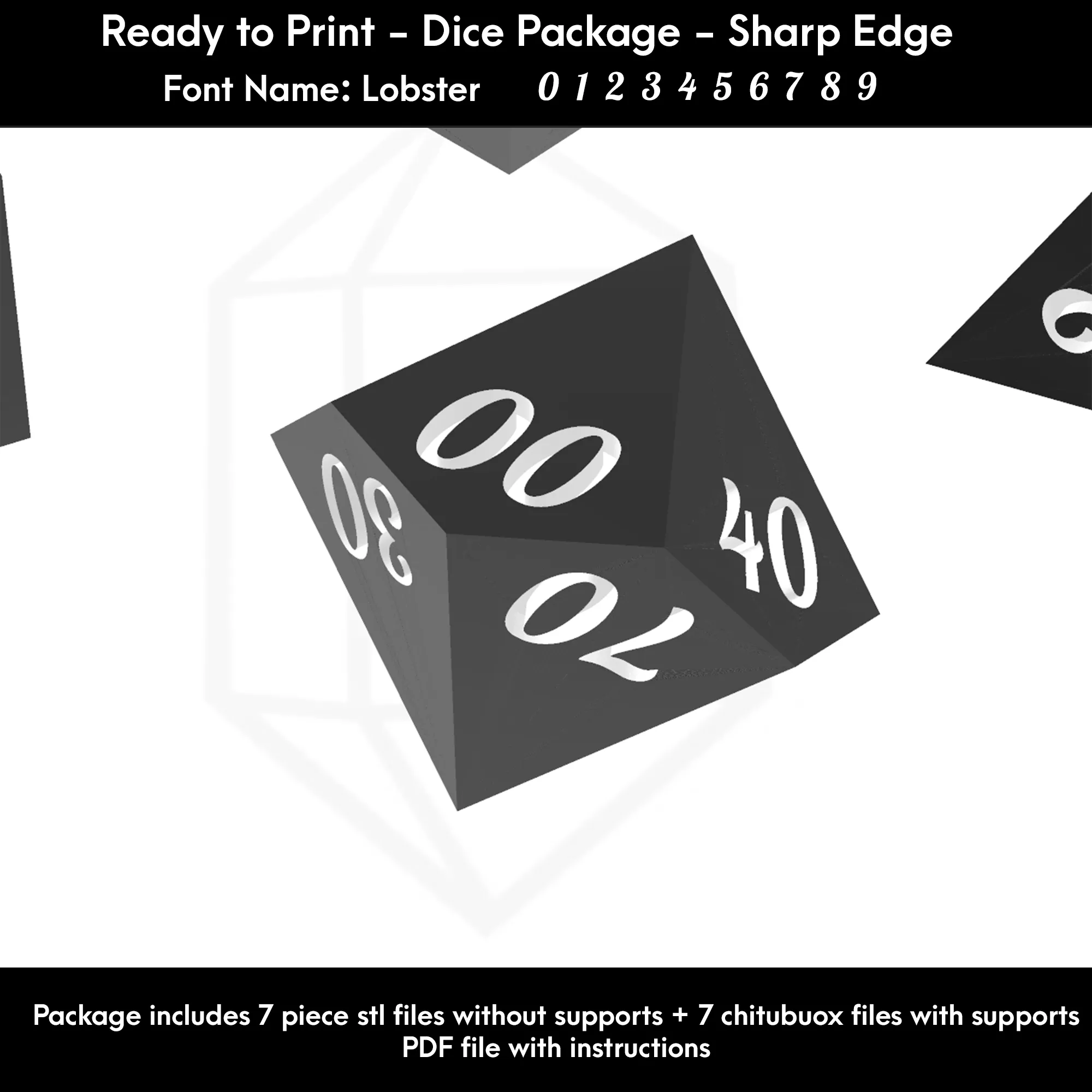 Dice Set – Ready to Print - 7 Piece Set – Lobster font