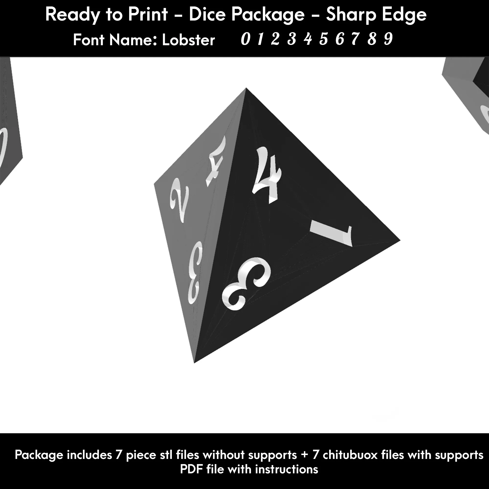 Dice Set – Ready to Print - 7 Piece Set – Lobster font