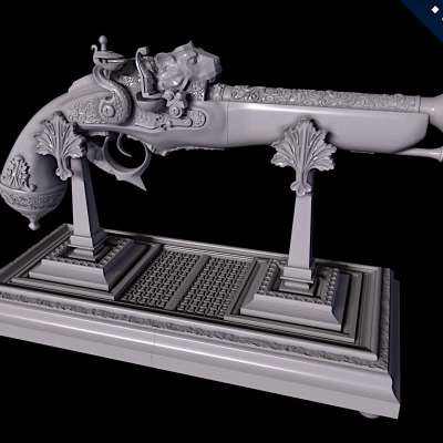 Flintlock Pistol & Pistol Display Stand 3d model