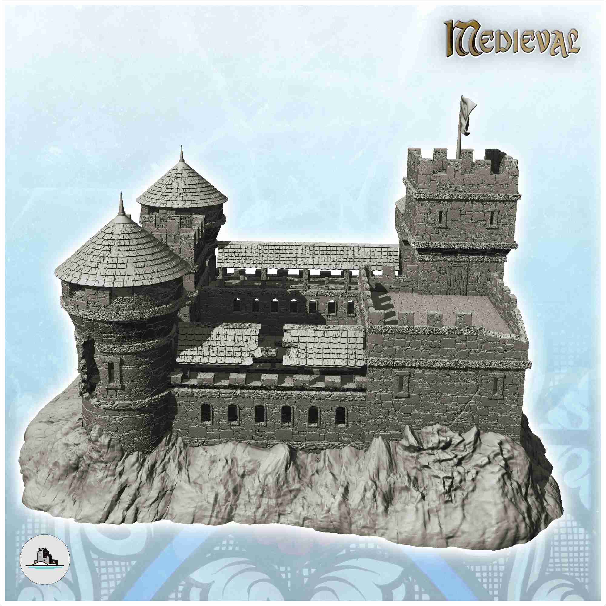 Large damaged castle with double towers and keep with flag ( | 3D ...