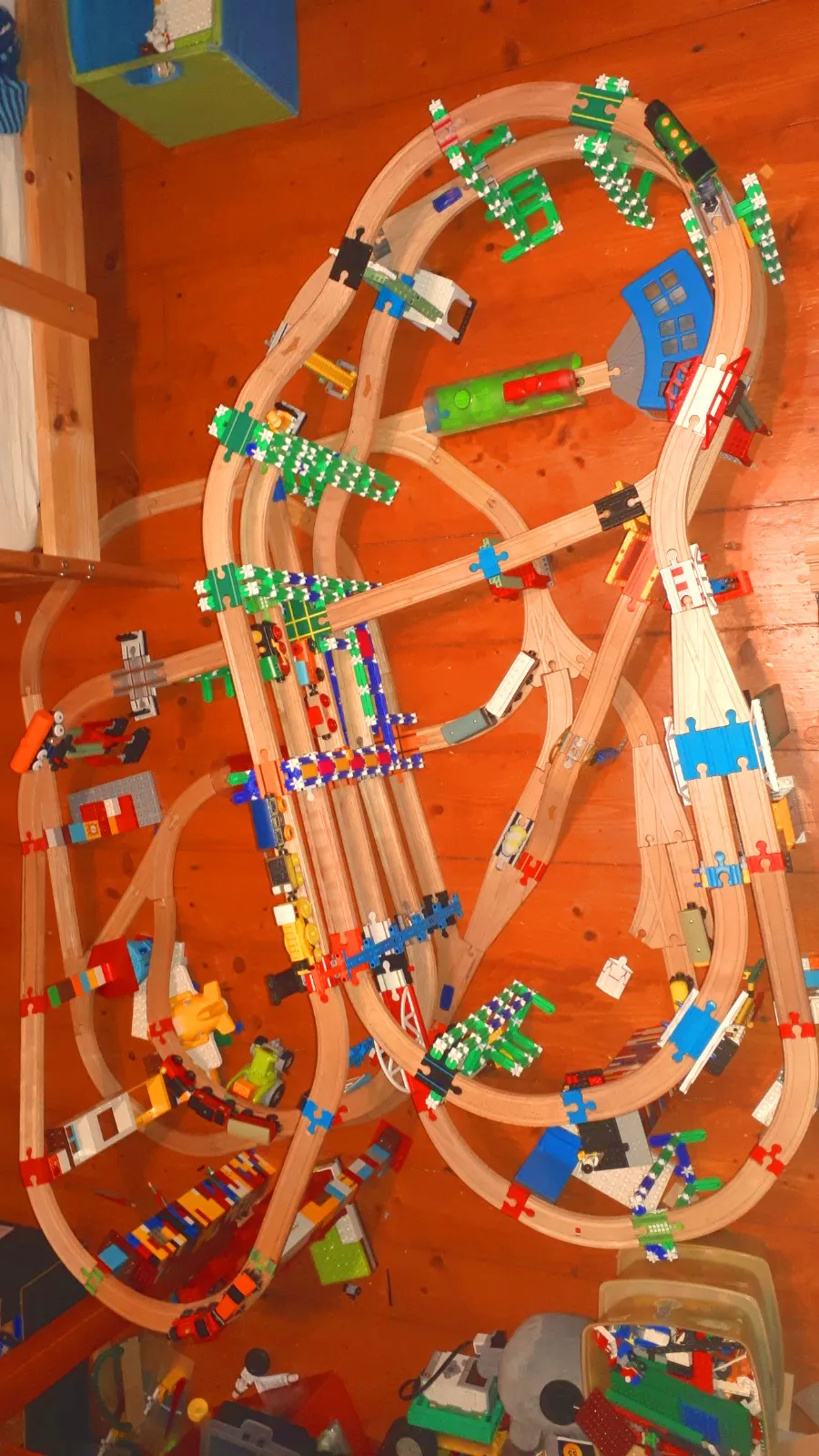 Wooden railway tracks and trains