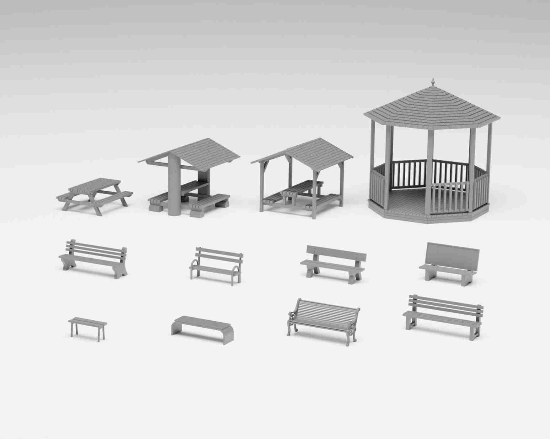 Park Benches Pack benches, picnic tables and gazebo in H0 3D models
