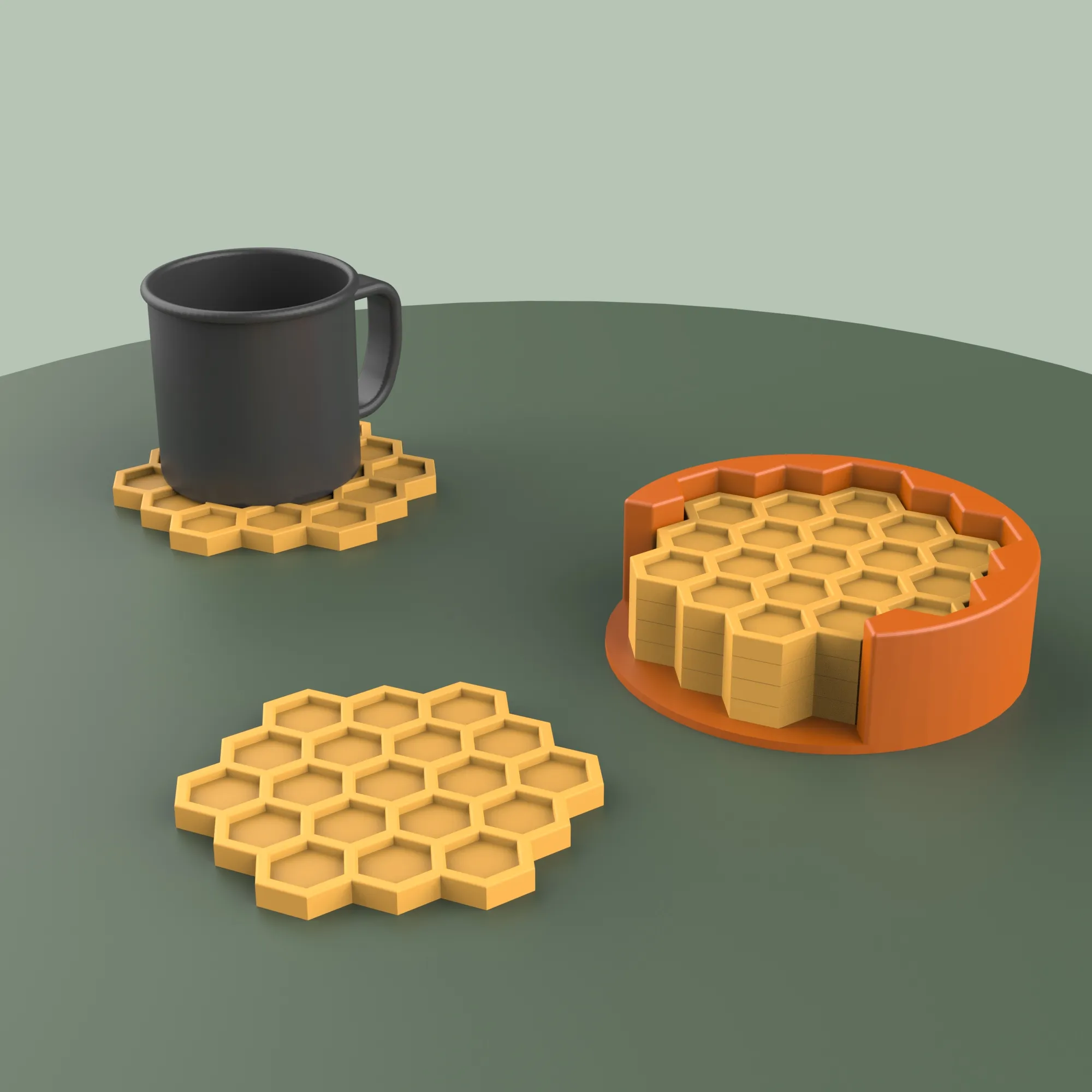 Honeycomb Coaster Set, 4. pcs with Holder, Honey - Bee Theme