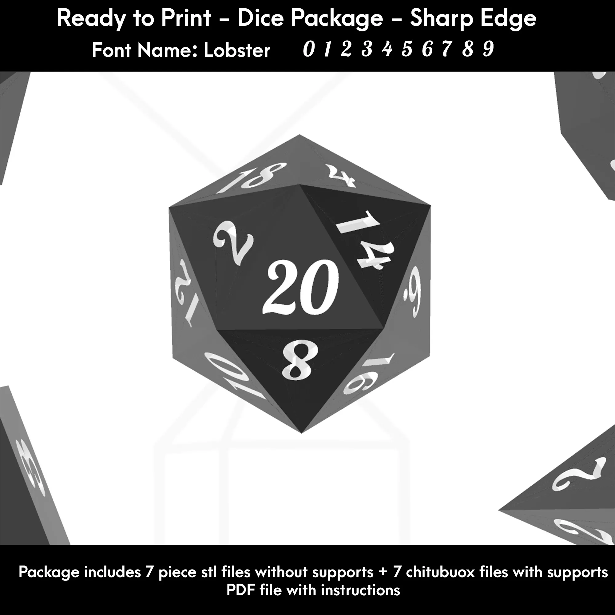 Dice Set – Ready to Print - 7 Piece Set – Lobster font