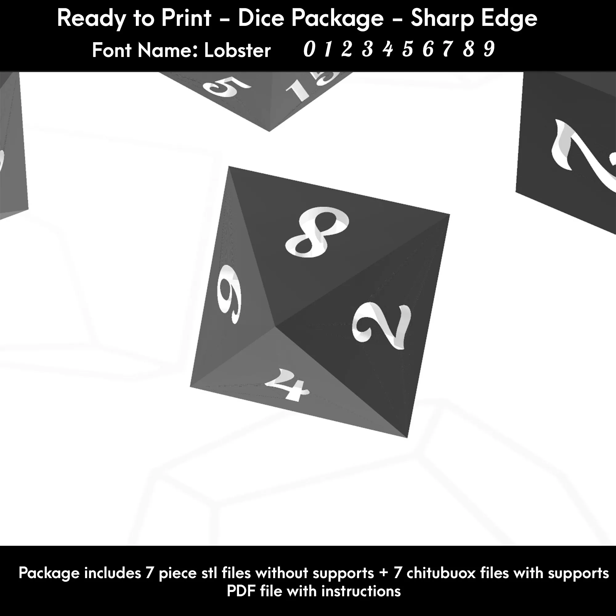 Dice Set – Ready to Print - 7 Piece Set – Lobster font