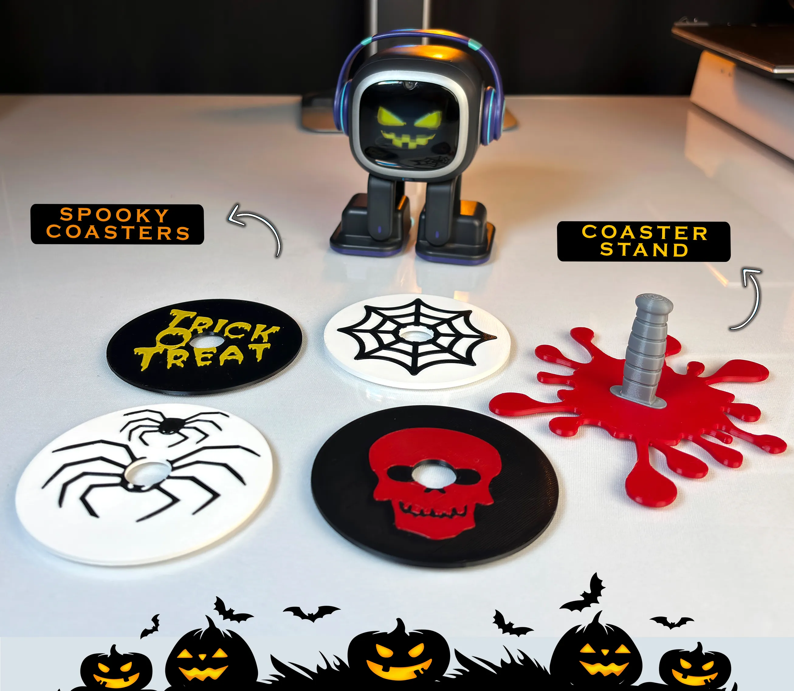 Halloween Coaster Set with Blood-Splatter Knife Stand🎃🕷️