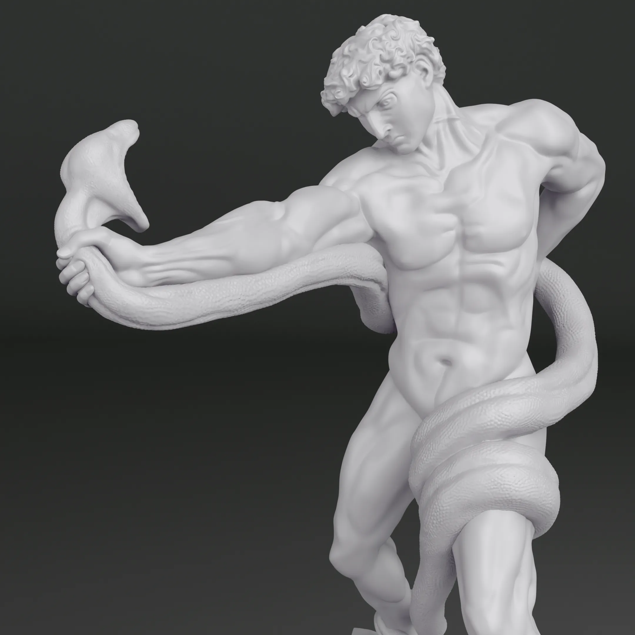 Athlete Wrestling with a Python Statue
