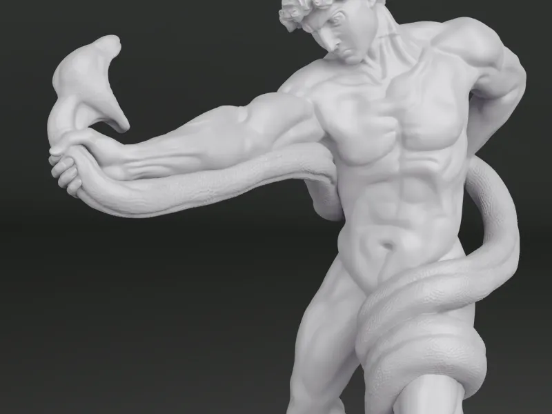 Athlete Wrestling with a Python Statue