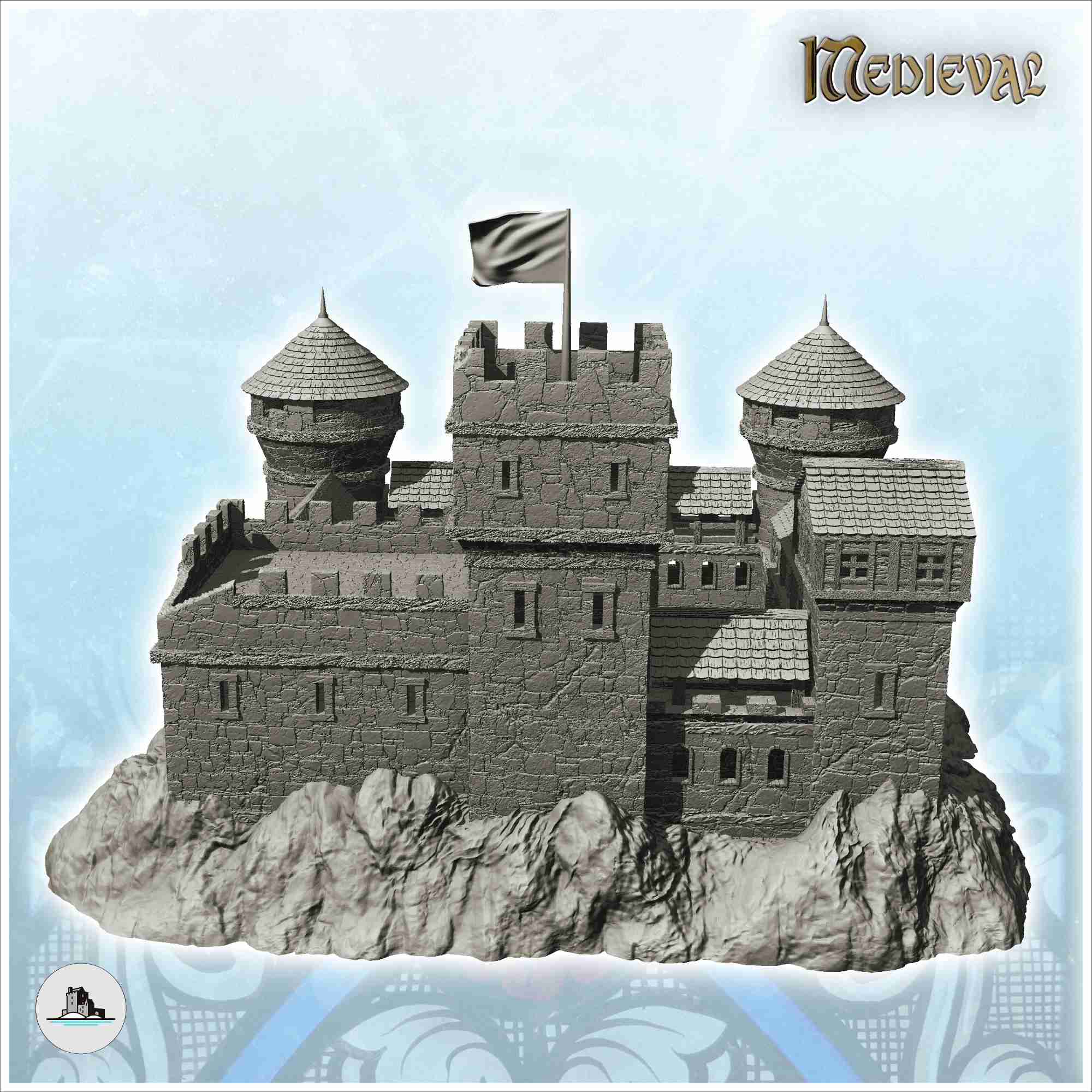 Large damaged castle with double towers and keep with flag ( | 3D ...