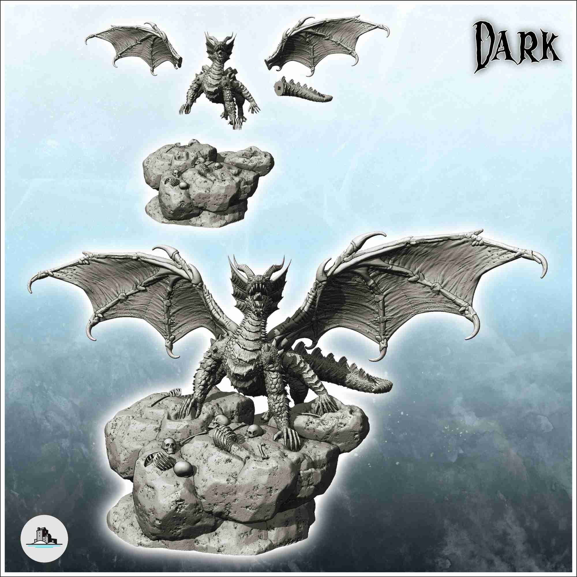 Dragon on rock with open mouth and human bones on the ground | 3D модели  скачать | Creality Cloud