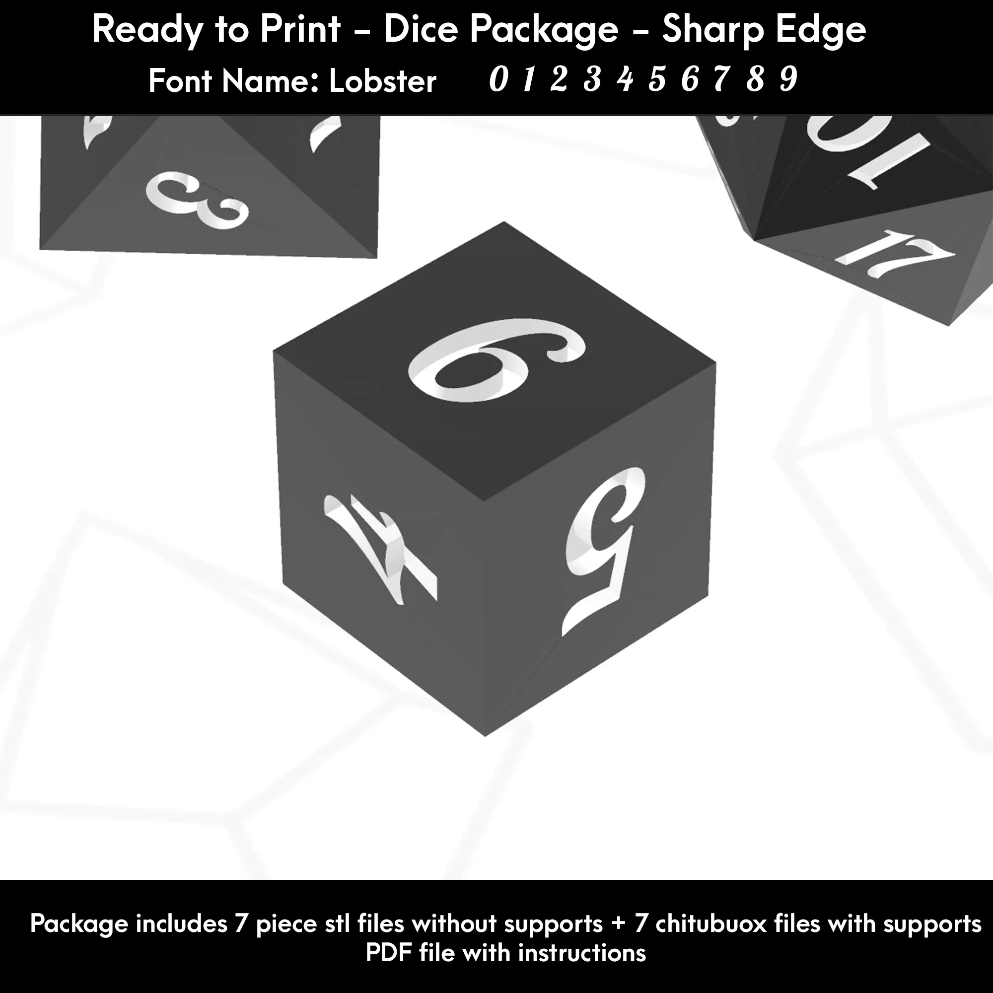 Dice Set – Ready to Print - 7 Piece Set – Lobster font
