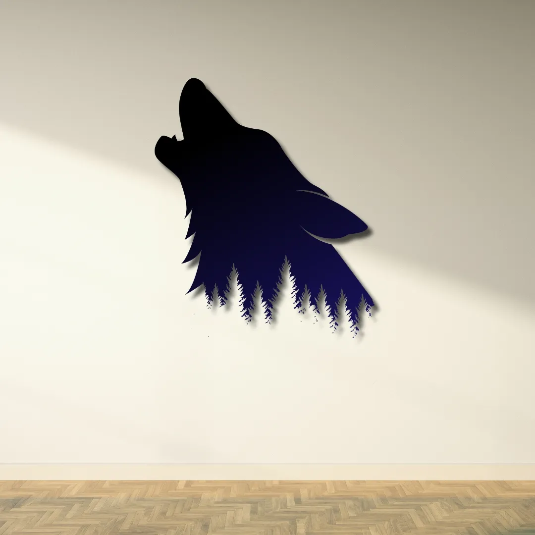 Howling Wolf Silhouette Wall Art with Tree Outline
