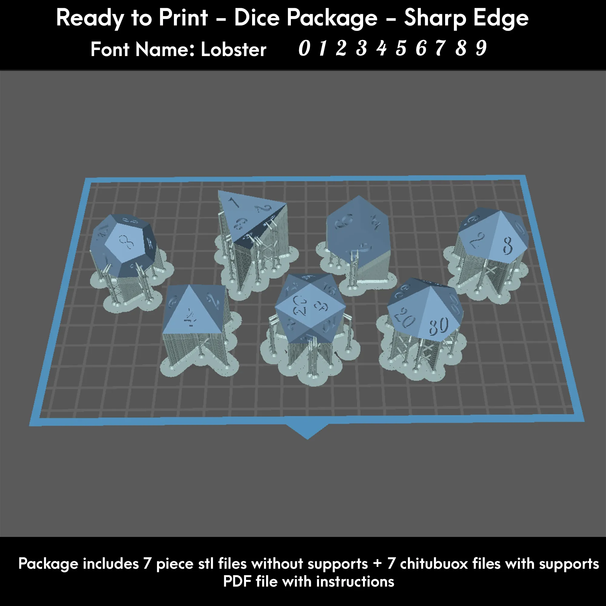 Dice Set – Ready to Print - 7 Piece Set – Lobster font