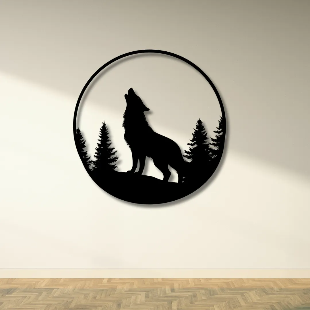 Howling Wolf Silhouette Wall Art with Tree Outline