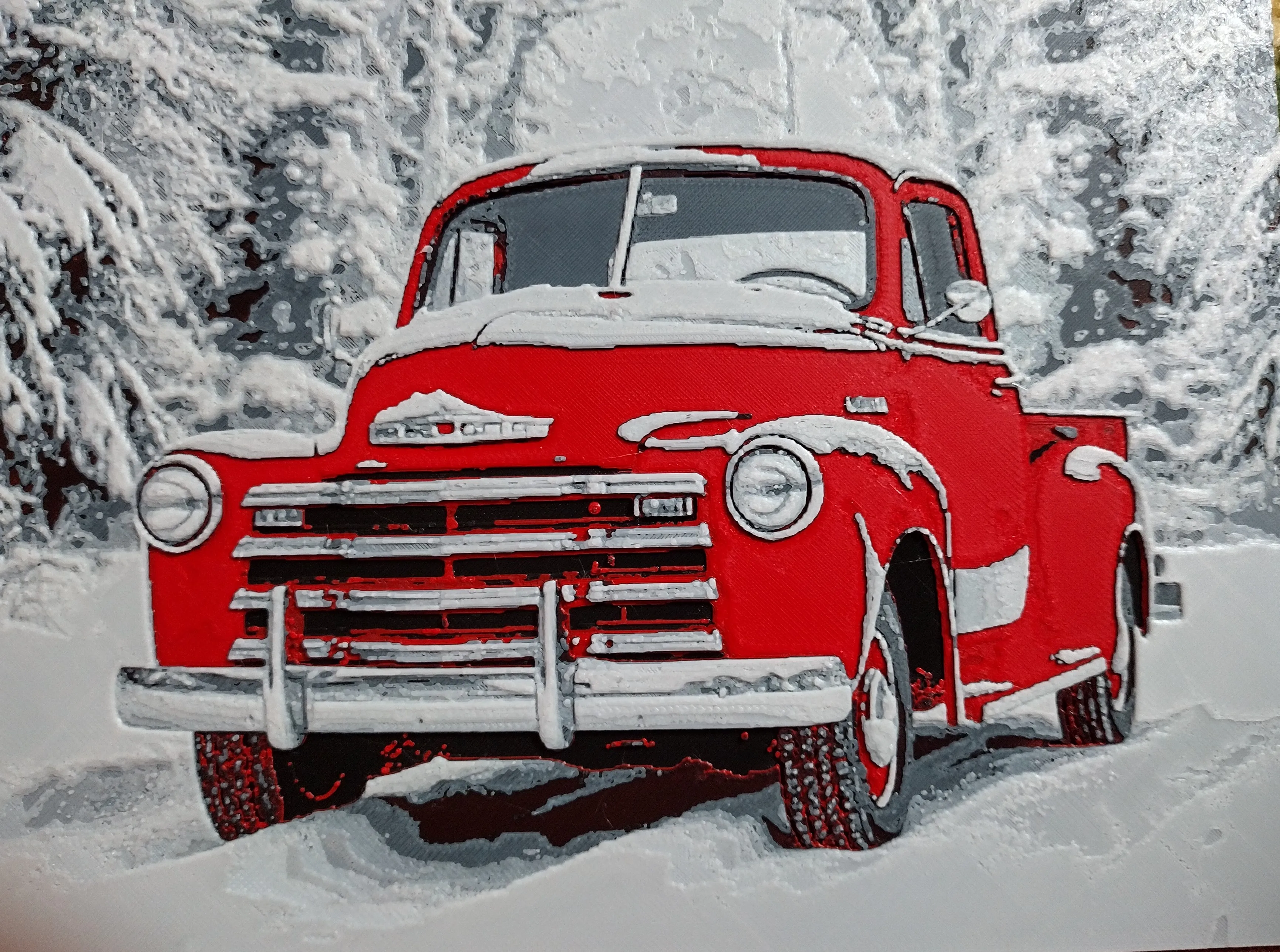 Hueforge Red Truck Winter Scene