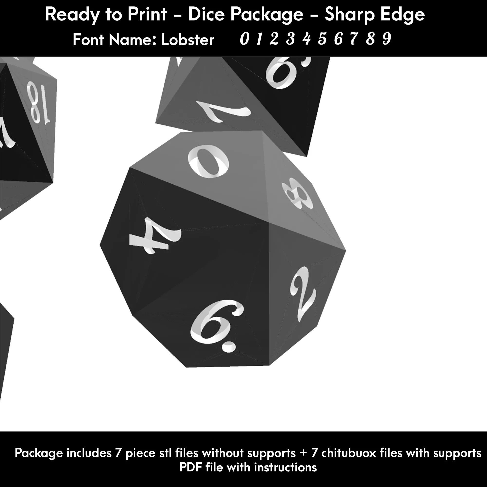 Dice Set – Ready to Print - 7 Piece Set – Lobster font