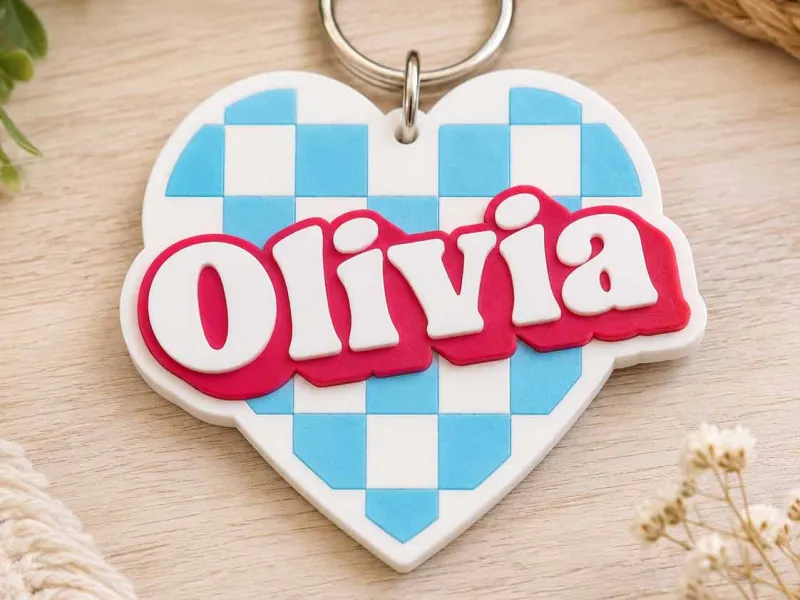 Retro Heart Checkered Name Tag - Olivia
