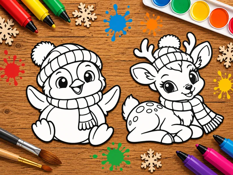 Decoração para Colorir de Animais de Inverno – Pinguim e Filhote de Cervo