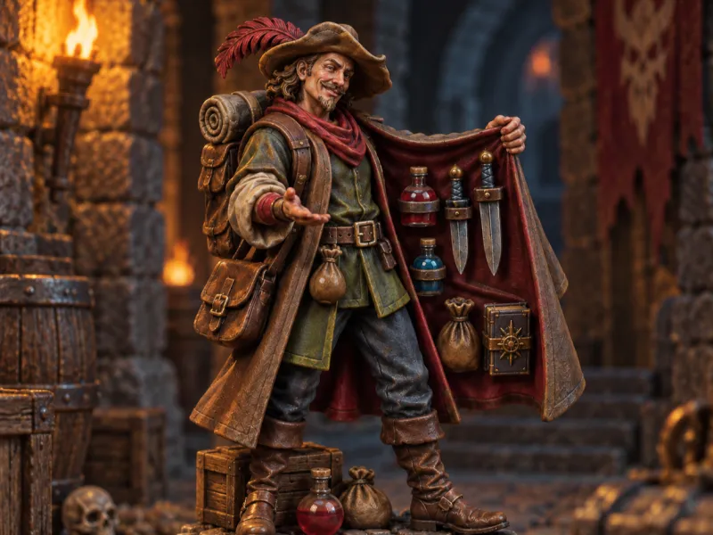 El mercader del calabozo, PNJ, escala de 54 mm, juegos de rol y de mesa