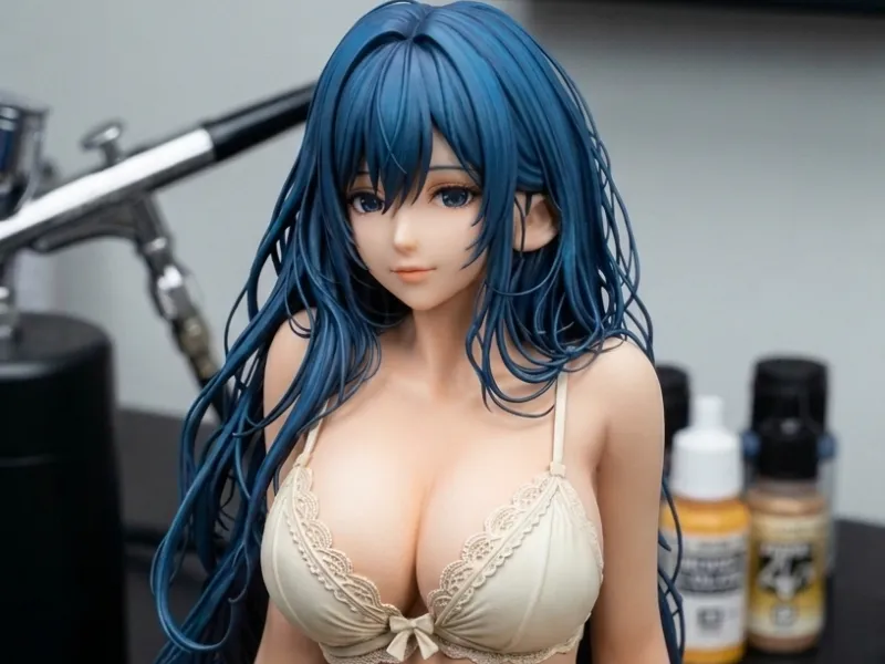 Fille aux cheveux bleus de style anime en lingerie