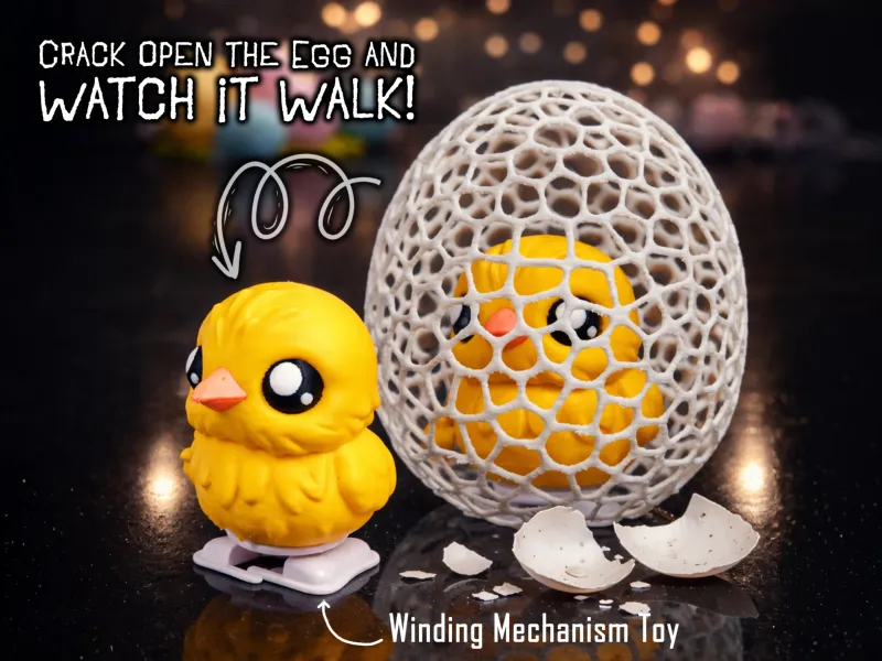 Wind-Up Cute Chick Toy in Crackable Voronoi Easter Egg
